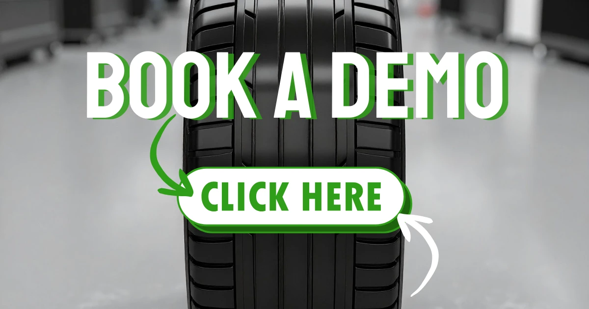 Lifelong Merchant Services Lifelong POS auto shop POS book a demo call-to-action graphic with tire background and green click here button