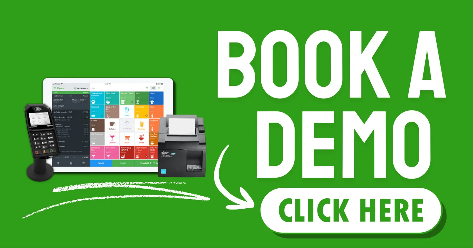 Lifelong POS Restaurant Figure book a demo graphic featuring restaurant POS hardware