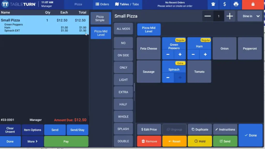 Lifelong POS Restaurant menu modifier screen showing pizza customization and item-level pricing