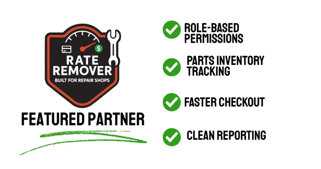 Rate Remover featured partner graphic for auto repair shops highlighting role-based permissions, parts inventory tracking, faster checkout, and clean reporting with Lifelong POS.