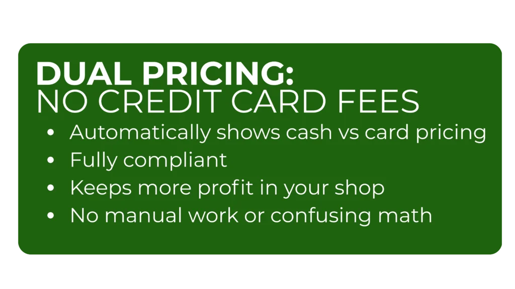 Lifelong Merchant Services Dual Pricing powered by Rate Remover showing no credit card fees and automatic cash vs card pricing for auto repair shops.